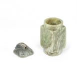 A GREEN JADE NEOLITHIC-STYLE CONG AND A GREEN JADE FINIAL The finial early 20th century (2)