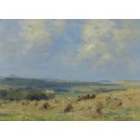 William Miller Frazer, RSA (British, 1864-1961) Harvest time in East Lothian, looking towards Bas...