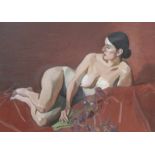 Alexander Goudie (British, 1933-2004) Reclining Nude on Red Drapery 86 x 121 cm. (33 7/8 x 47 5/8...
