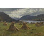 Joseph Farquharson RA (British, 1846-1935) Cornstooks by the loch 50.8 x 76.2 cm. (20 x 30 in.)