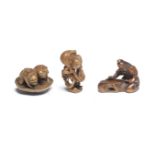 THREE BOXWOOD NETSUKE One by Hojitsu, Edo period (1615-1868) to Meiji era (1868-1912), 19th centu...