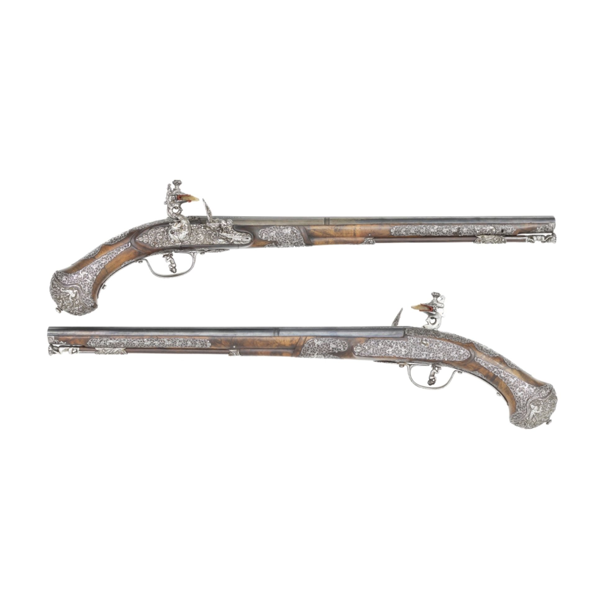 A Cased Pair Of Exceptional Brescian 32-Bore Flintlock Long Holster Pistols