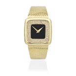 Ebel. A recently serviced 18K gold manual wind cushion form bracelet watch with onyx and diamond ...