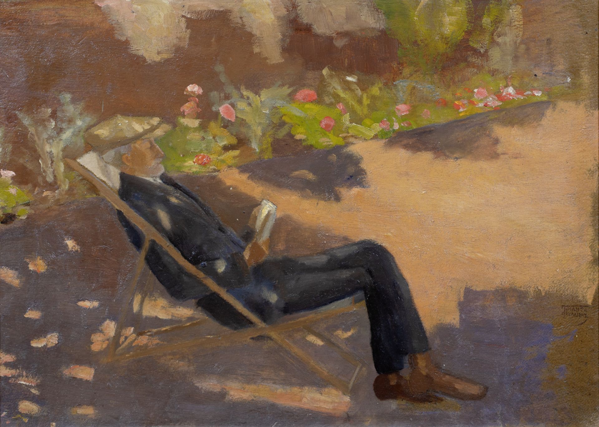 Theofrastos Triantafyllidis (Greek, 1881-1955) Repos dans le jardin (signed in Greek (lower right...