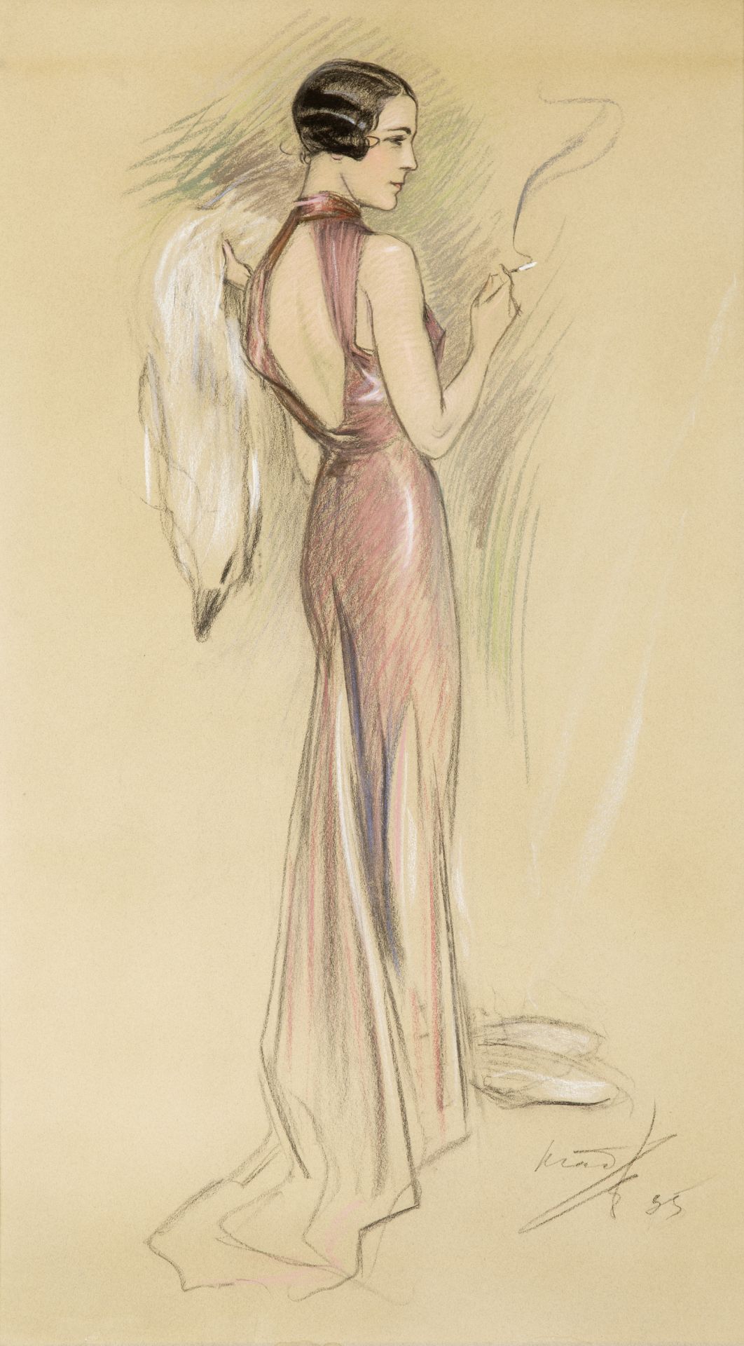 Pavlos Mathiopoulos (Greek, 1876-1956) &#201;l&#233;gante en robe de soir (Peint en 1935.signed a...