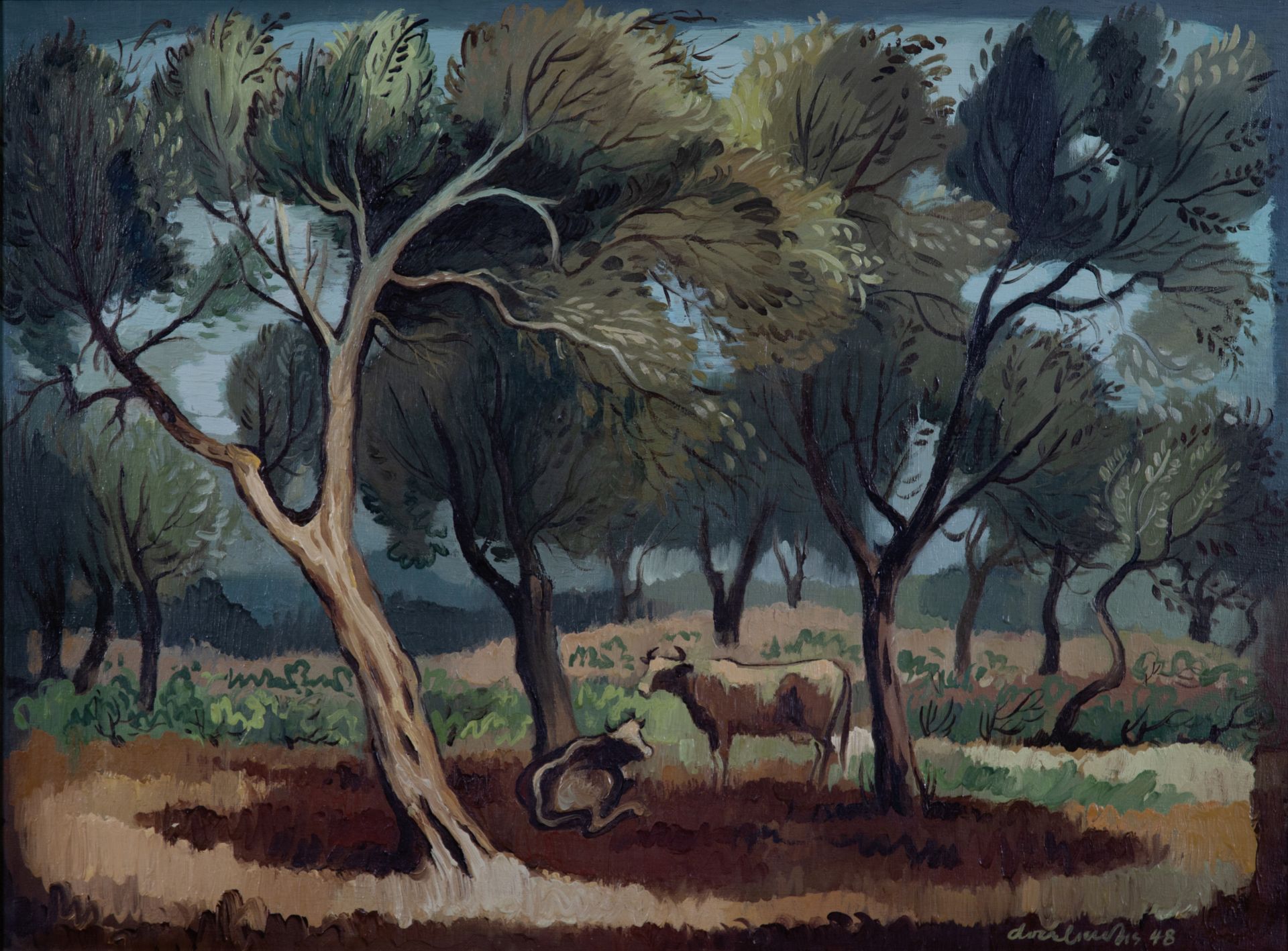 Agenor Asteriadis (Greek, 1898-1977) Vaches dans une oliveraie (Peint en 1948.signed in Greek and...