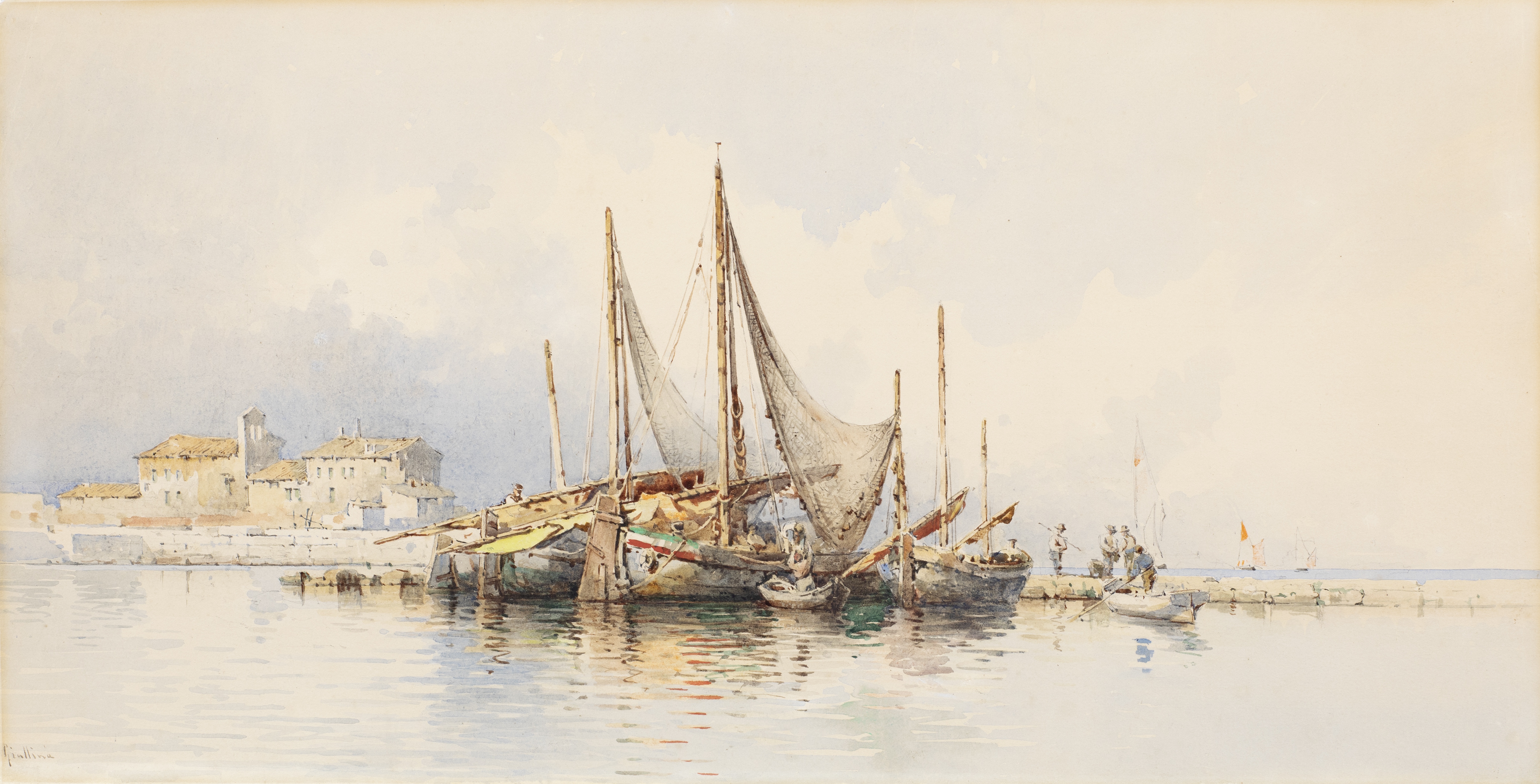 Angelos Giallina (Greek, 1857-1939) Bateaux de p&#234;che &#224; Corfou (signed (lower left)wate...