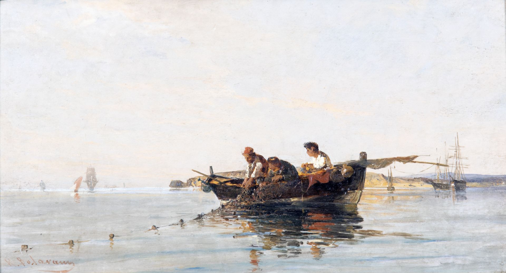 Constantinos Volanakis (Greek, 1837-1907) P&#234;cher en mer calme (signed in Greek (lower left)o...