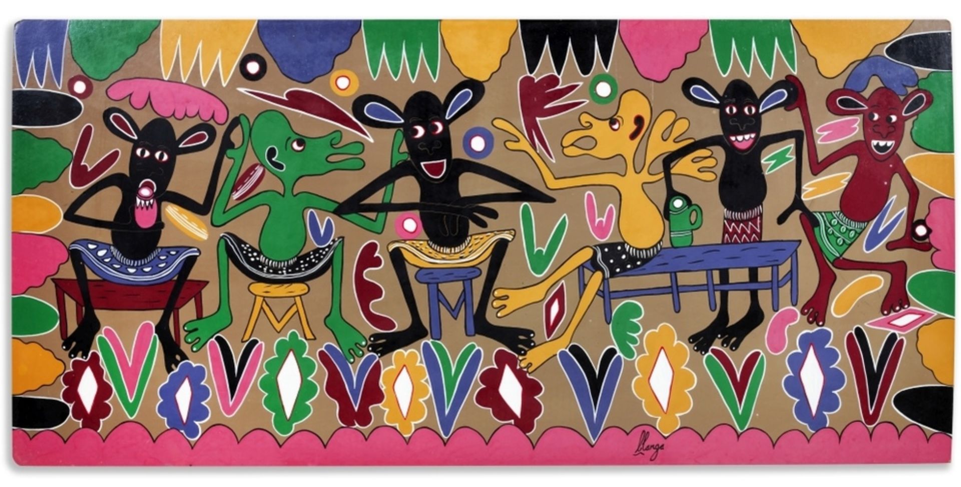 George Lilanga di Nyama (Tanzanie, 1934-2005) Watu Wanakunywa Chai Hasubuhi - Bild 6 aus 7