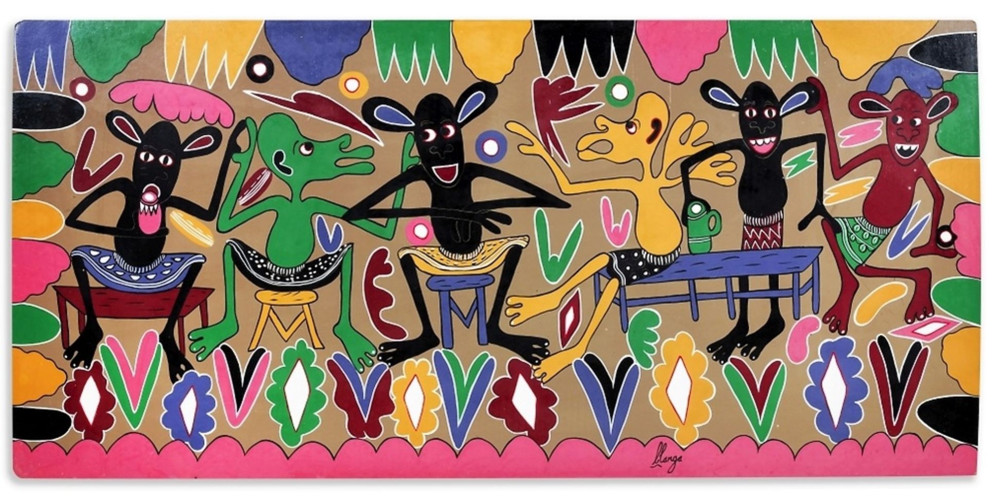 George Lilanga di Nyama (Tanzanie, 1934-2005) Watu Wanakunywa Chai Hasubuhi - Bild 2 aus 7