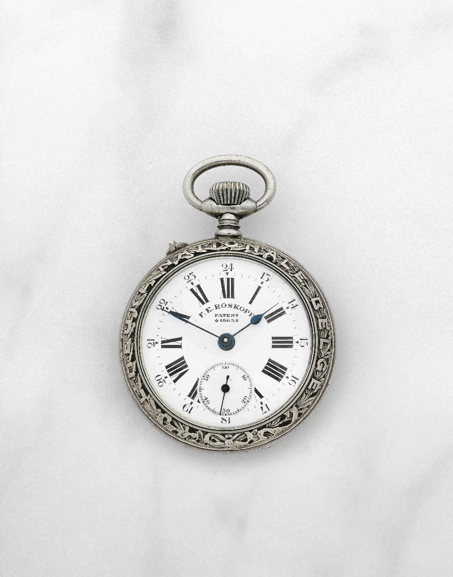 F. E. Roskopf. Montre de gousset &#224; cadran ouvert en m&#233;tal blanc avec &#233;cussons belg... - Image 2 of 2