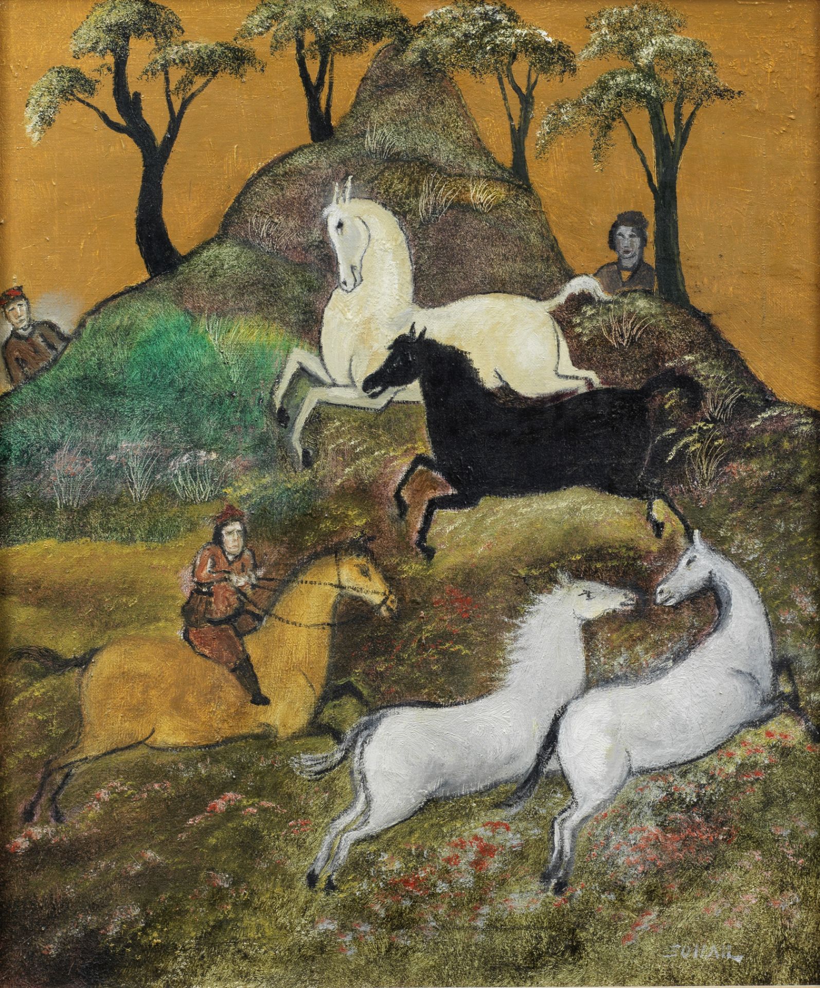 Tassaduq Sohail (Pakistani, 1930-2017) Untitled (A rider rounding up horses)