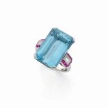 BAGUE AIGUE-MARINE, RUBIS ET DIAMANTS