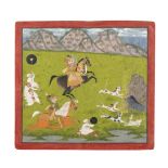 Maharana Ari Singh (reg. 1761-73) on horseback hunting a wild boar with a noble companion and att...