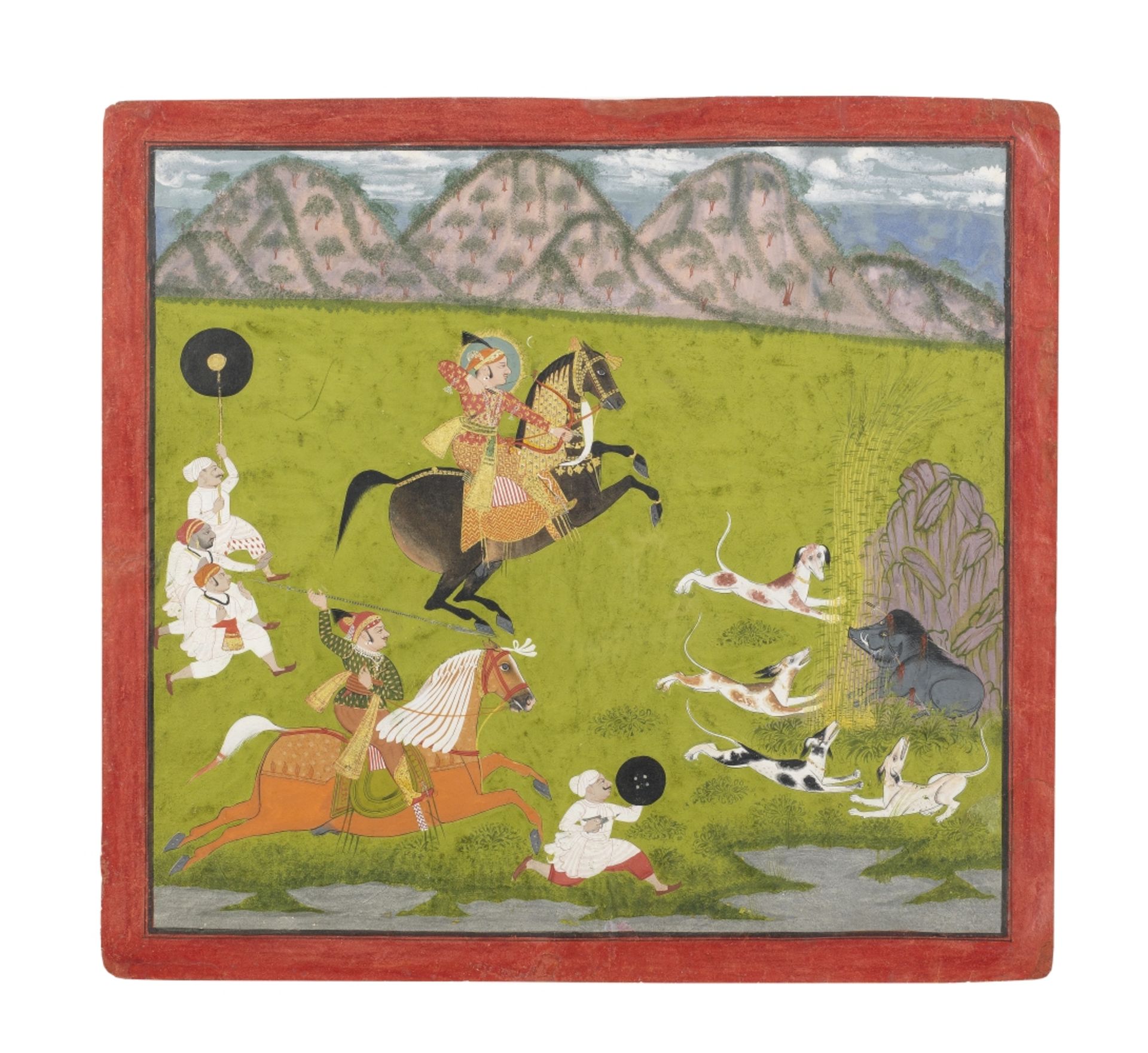 Maharana Ari Singh (reg. 1761-73) on horseback hunting a wild boar with a noble companion and att...