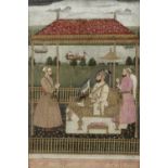 The Emperor Farrukhsiyyar (reg. 1713-19) enthroned in a riverside pavilion, a prince standing in ...