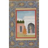 A maiden receiving a sadhu in a palace courtyard Provincial Mughal, late 18th Century