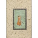 A young Mughal prince standing in a landscape, holding a sword and flywhisk Mughal, late 17th Cen...