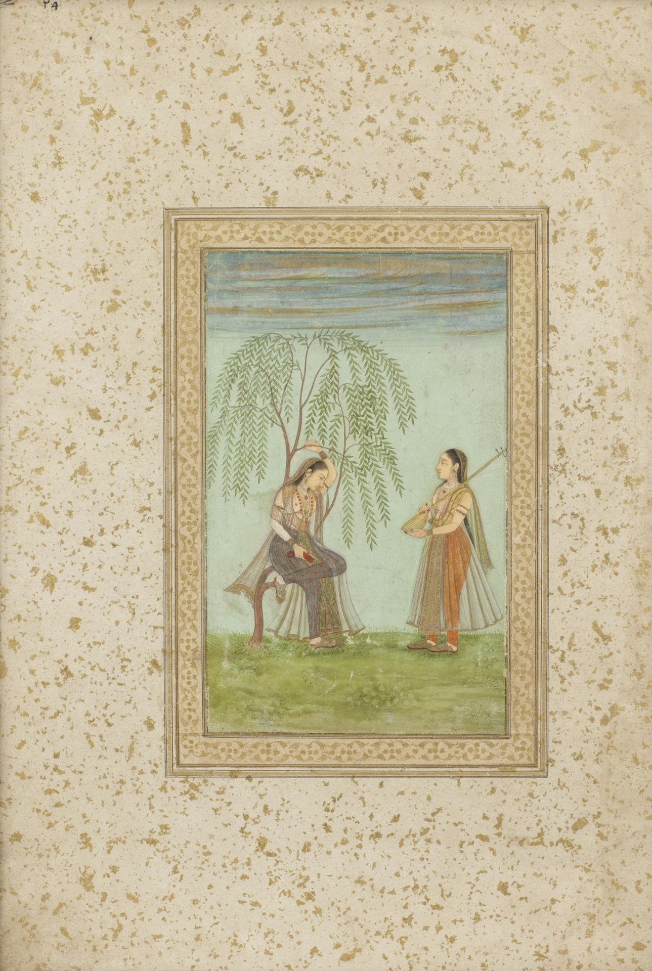 Sarang ragini: a maiden beneath a drooping willow tree, with a female musician Deccan, perhaps Hy...