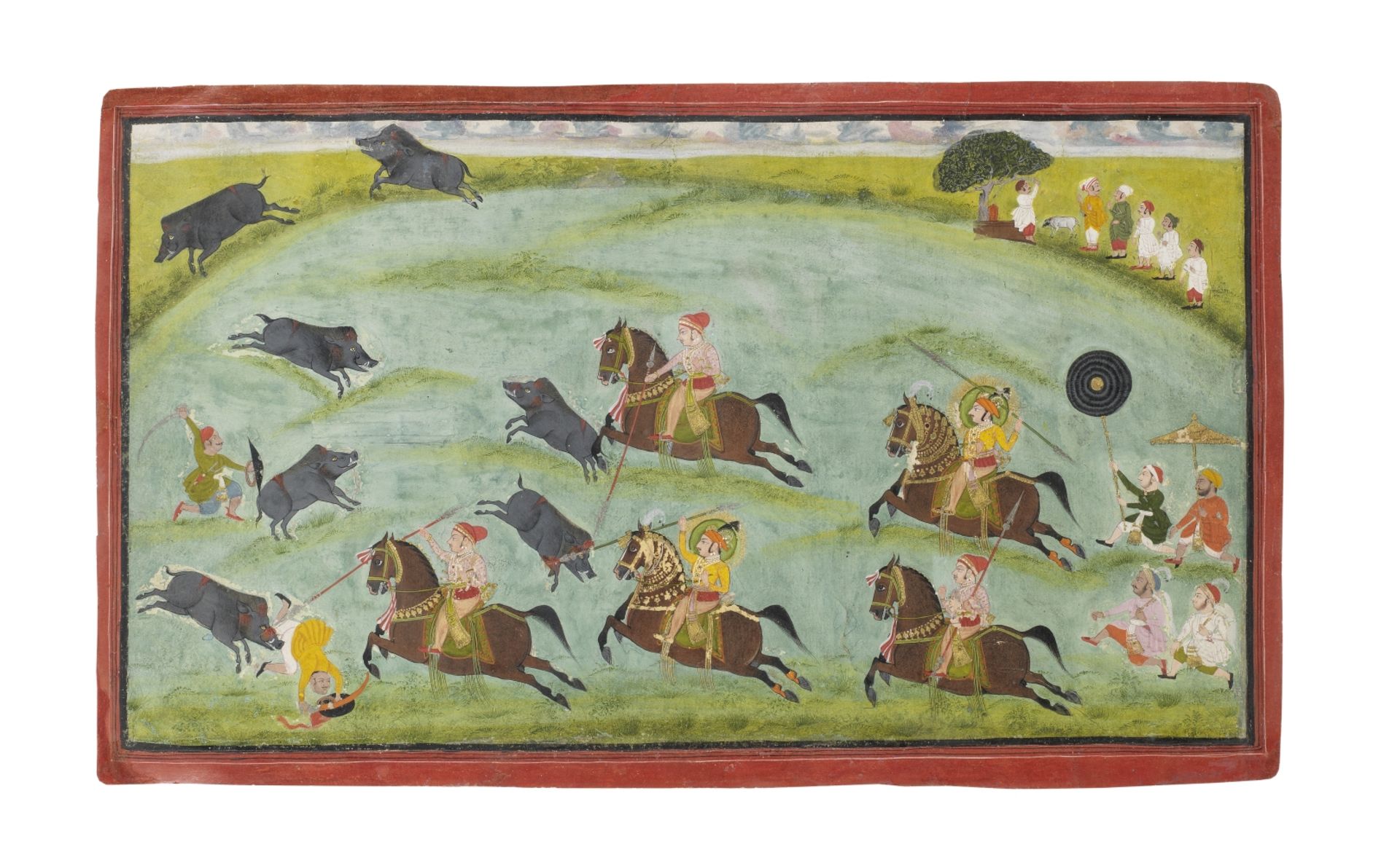 Maharana Ari Singh (reg. 1761-73) hunting a boar with a lance, together with Jodoji, his dhabhai ...