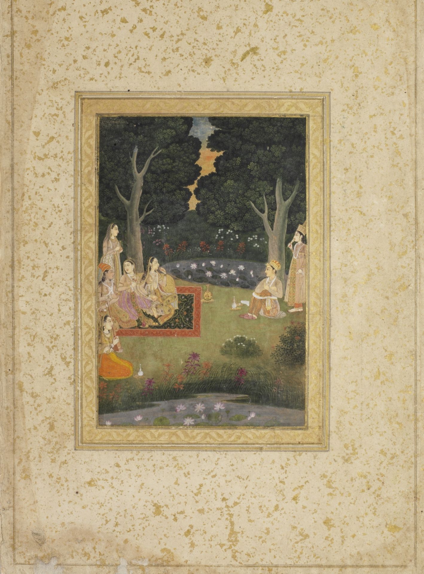 A prince visiting a maiden and her attendants in a forest grove Provincial Mughal, Oudh, circa 17...