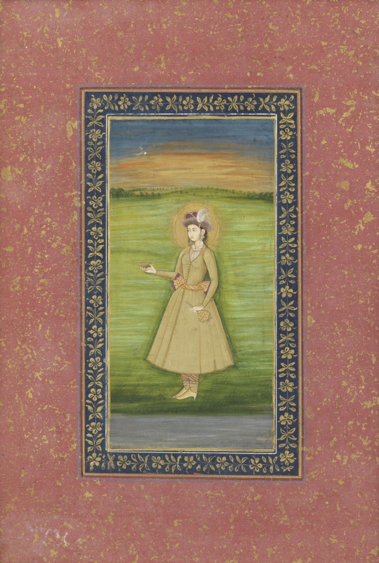 A princess dressed in male costume, wearing a gold-buttoned jama tied with an embroidered patka a...