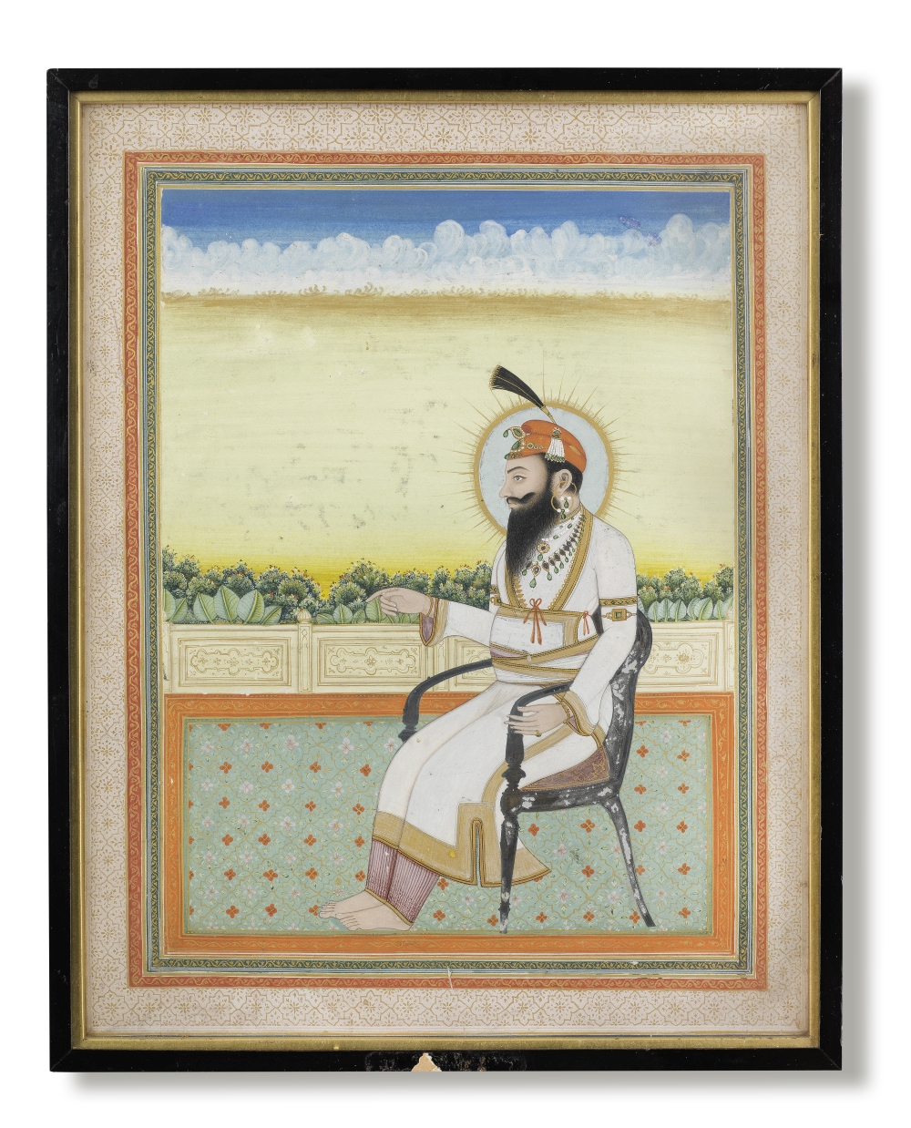 Swarup Singh, the Rajah of Jind (reg. 1834-64), seated on a terrace in a European-style chair, th...
