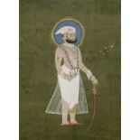A ruler, perhaps Maharana Sarup Singh (reg. 1842-61), standing holding a sword and a floral wand ...