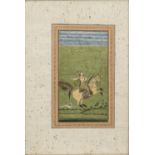 Chand Bibi hunting on horseback with a falcon, the reverse with calligraphy probably copied at th...