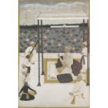 A ruler seated beneath a canopy on a lakeside terrace, accompanied by a nobleman and an attendant...