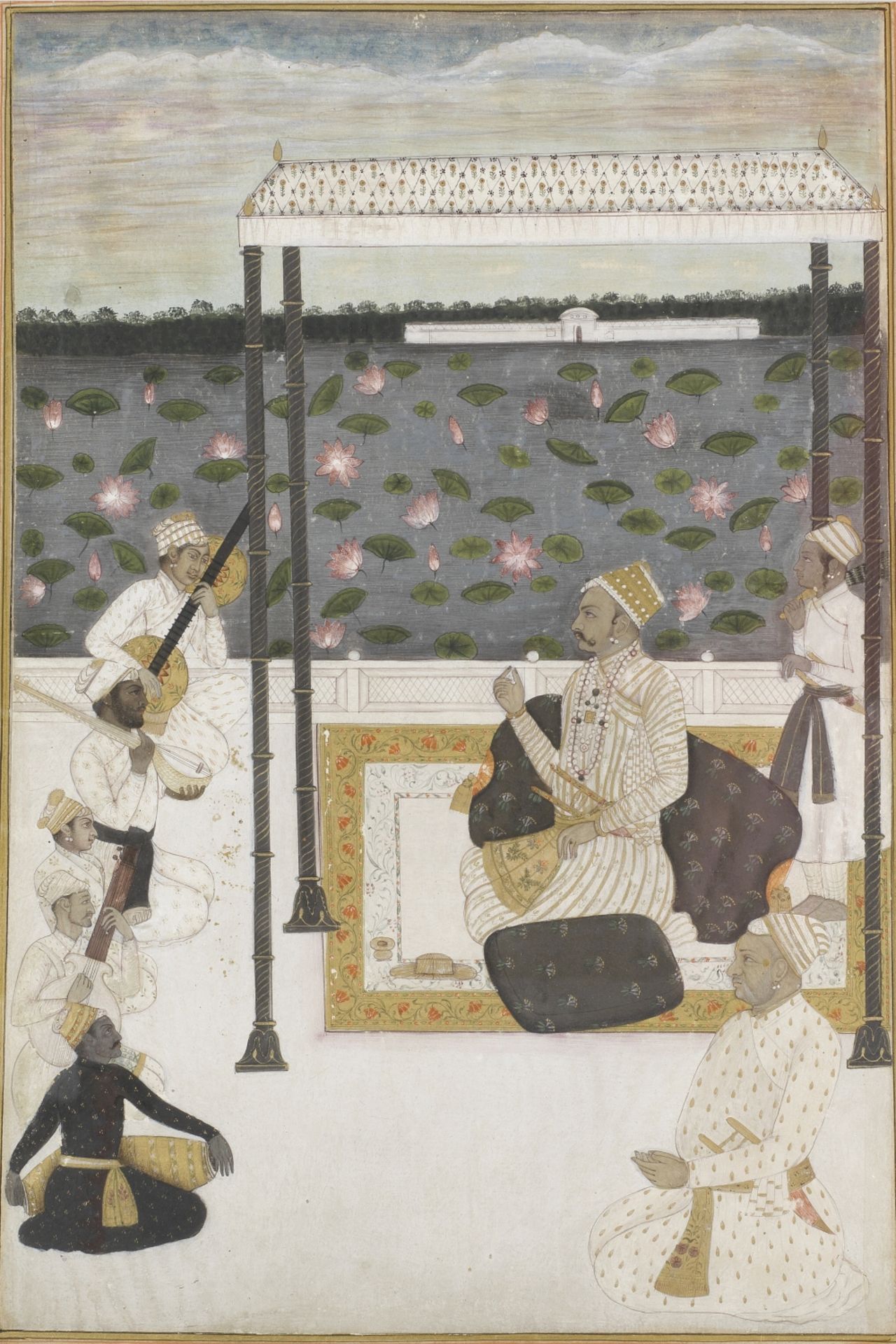 A ruler seated beneath a canopy on a lakeside terrace, accompanied by a nobleman and an attendant...