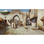 Jos&#233; Navarro Llor&#233;ns (Spanish, 1867-1923) Travellers by a market gate, Tangiers