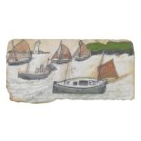 Alfred Wallis (British, 1855-1942) Boats with Rust Sails 11.2 x 22.4 cm. (4 3/8 x 8 3/4 in.)