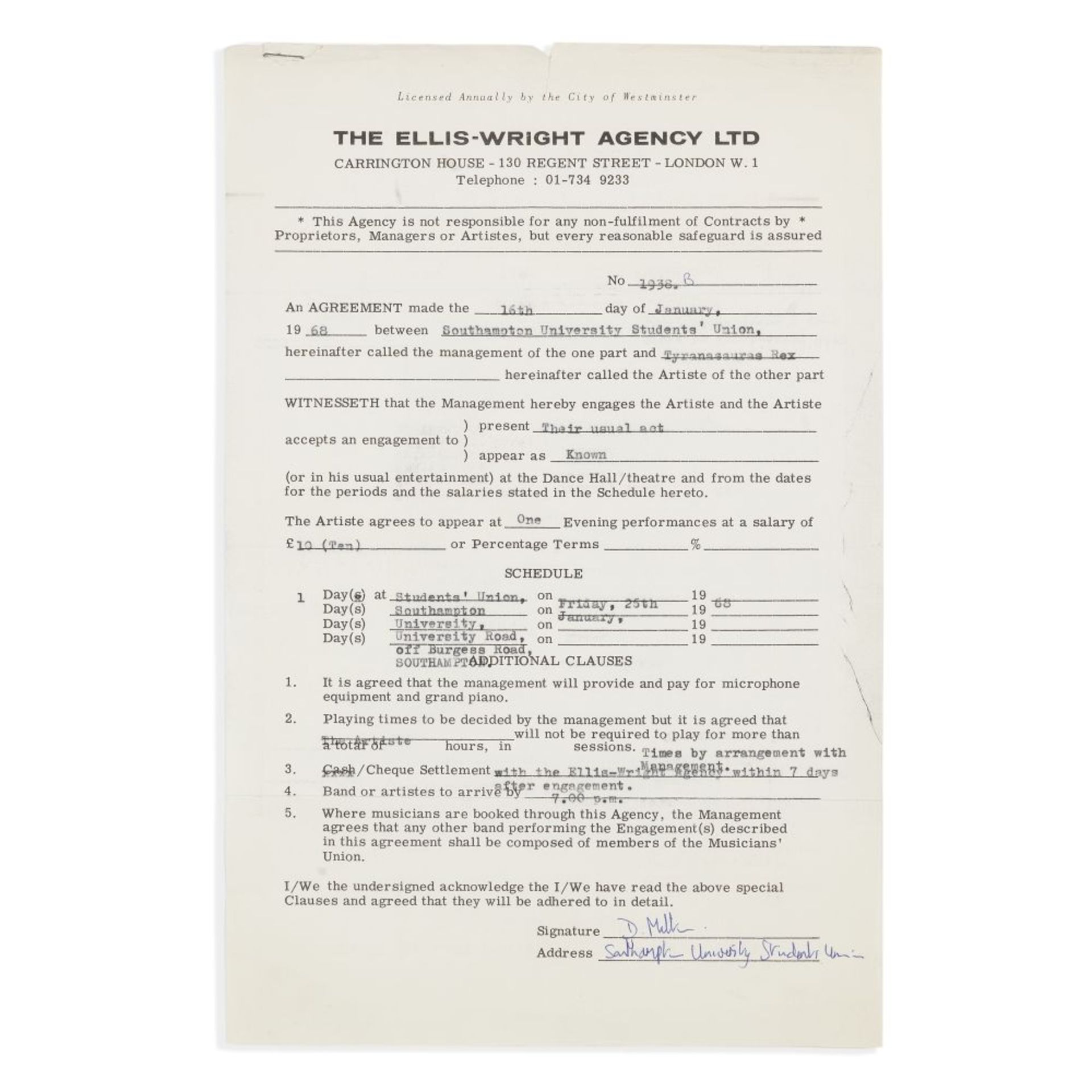 Tyrannosaurus Rex: A Concert Contract For Southampton University, 16th January 1968,