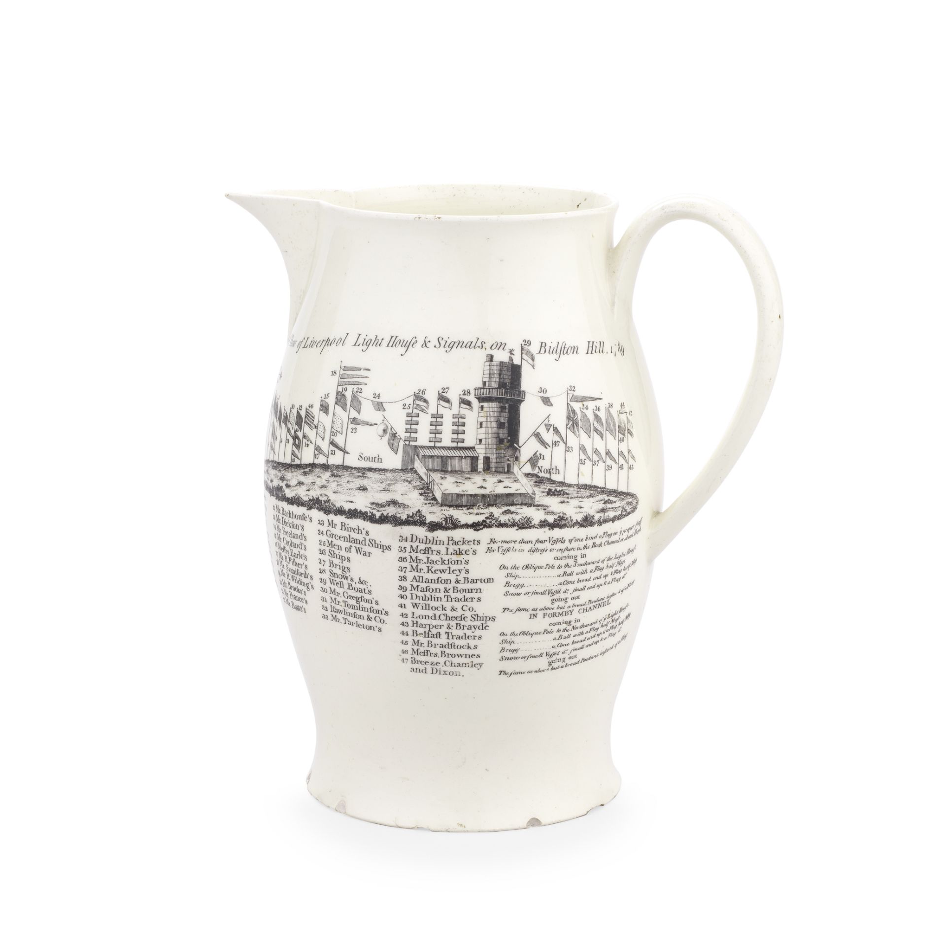 A rare Liverpool-printed creamware Bidston Hill jug, circa 1789