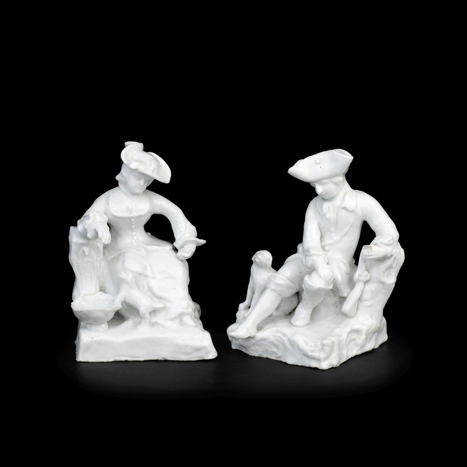 A pair of Bow figures of a huntsman and his companion, circa 1752