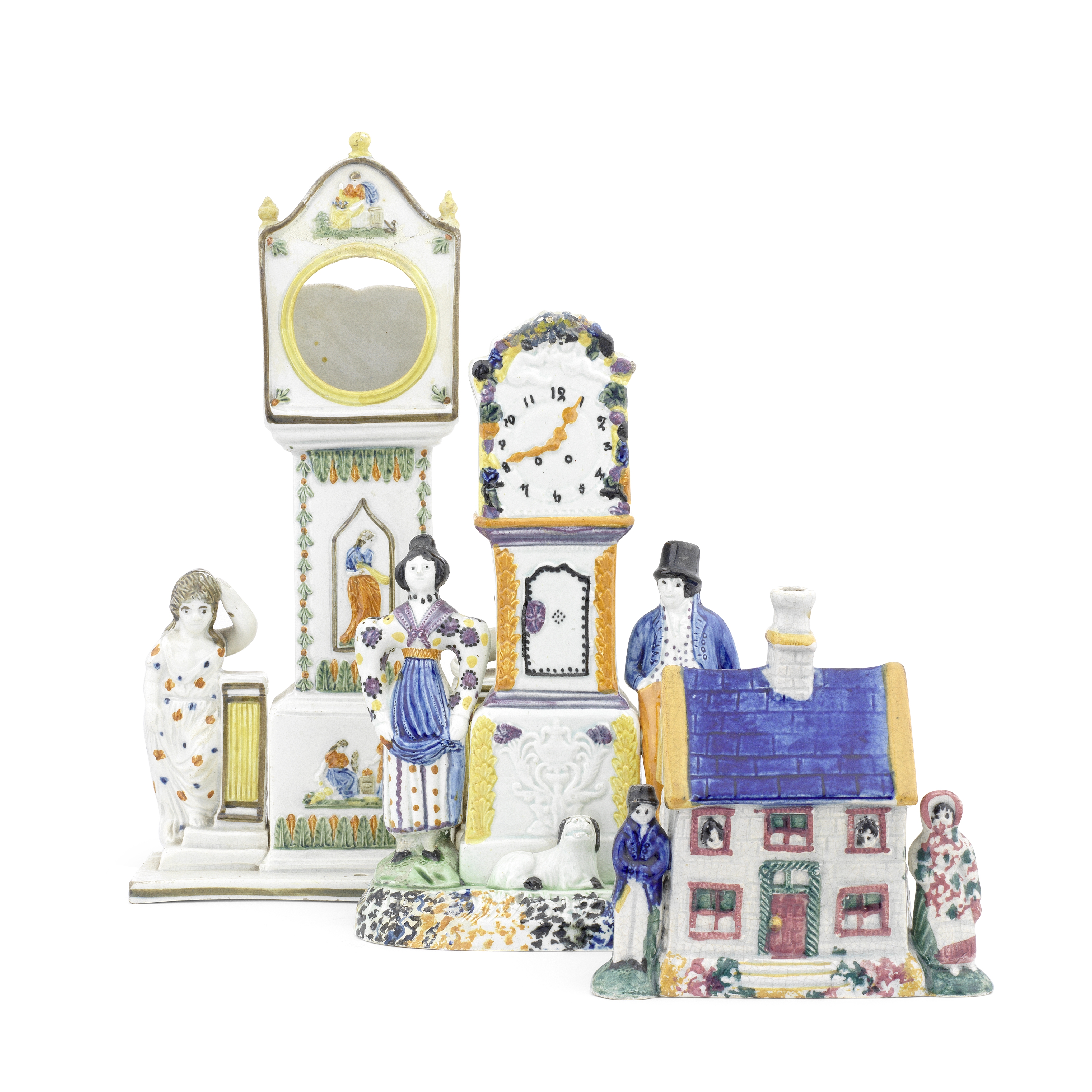 Two Yorkshire clock groups and a money box, circa 1815-30