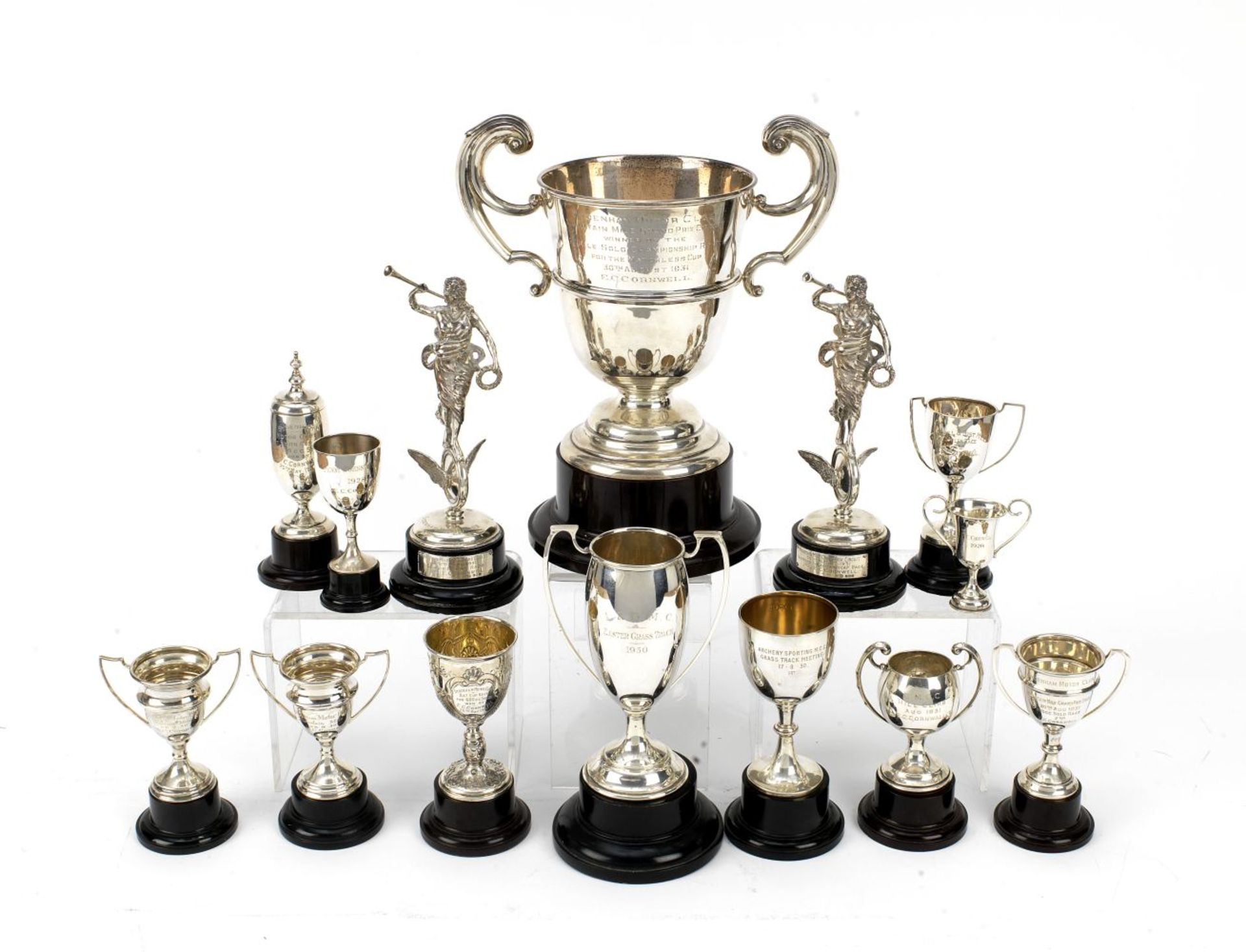 A collection of Sydenham Motor Club sterling silver race trophies awarded to E.C.Cornwell, 1928-1...