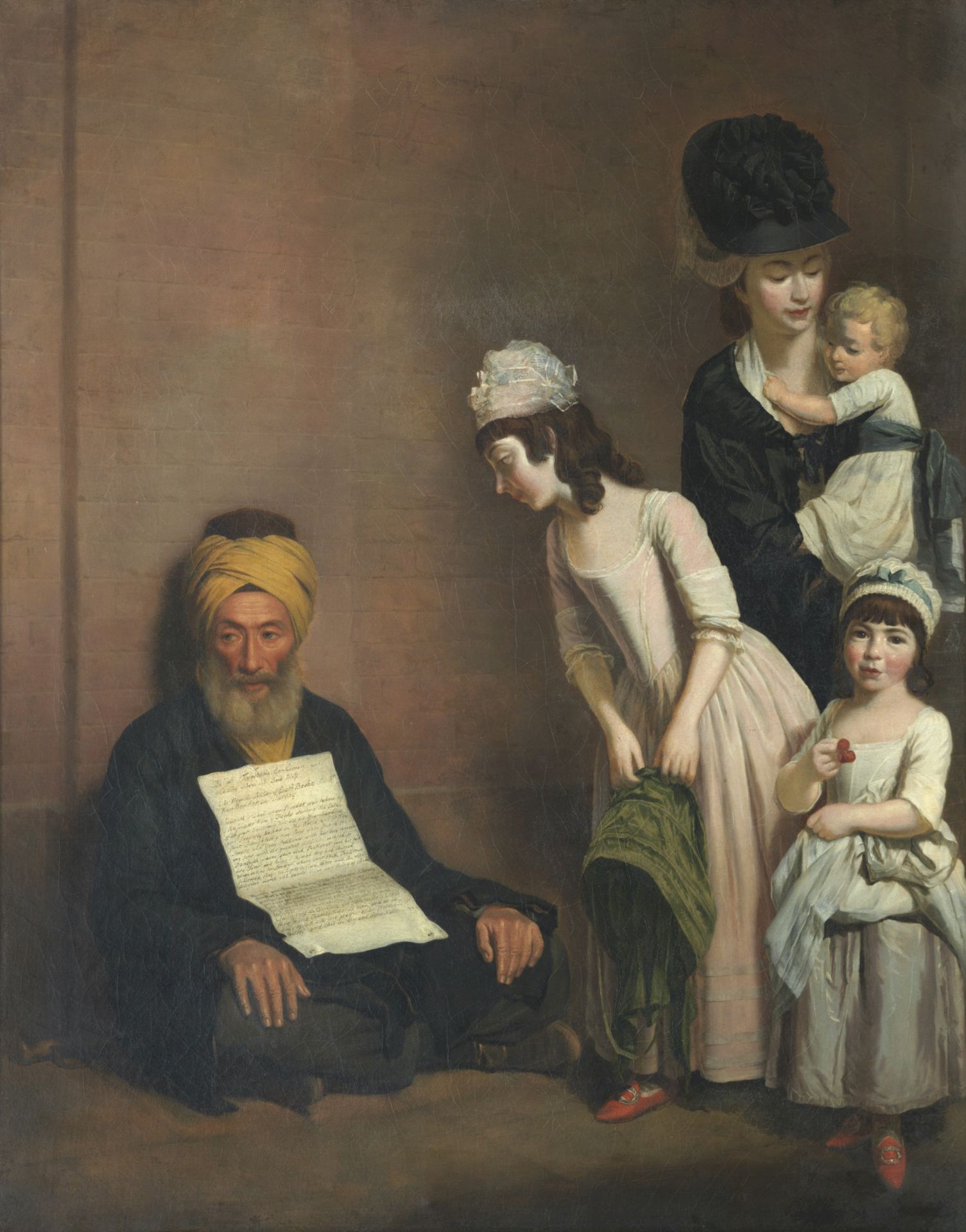 Attributed to Henry Walton (Dickleburgh 1746-1813 London) A family with a blind Turkish beggar