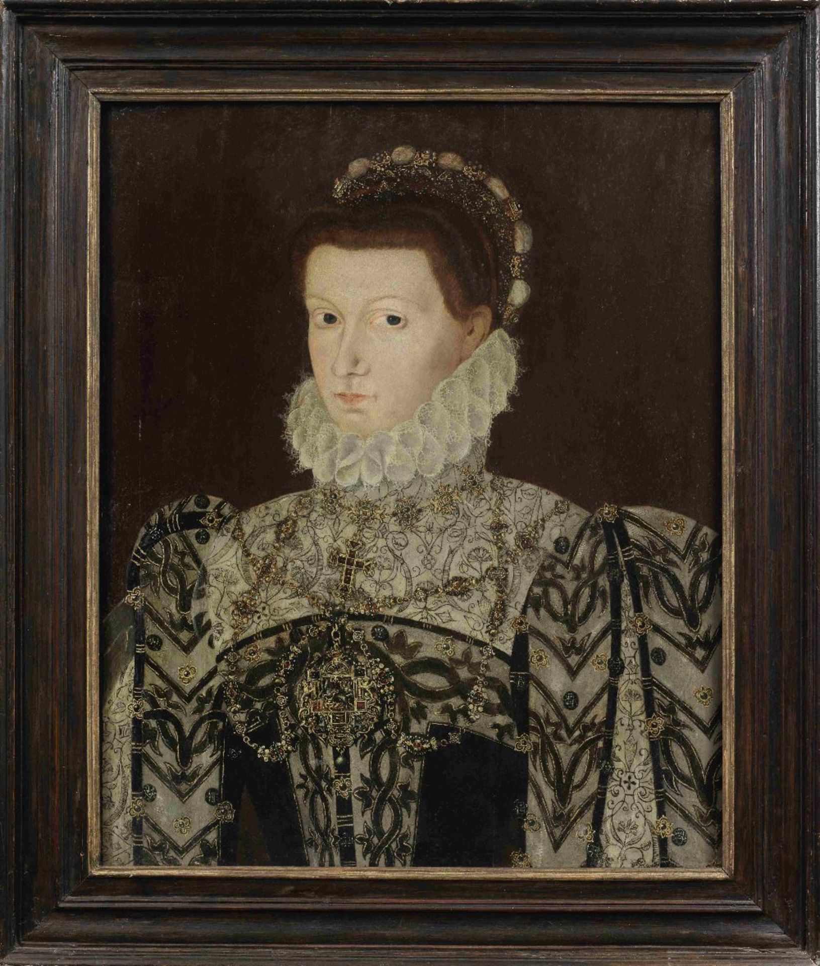 English School, circa 1560 Portrait of a lady, half-length, in an embroidered dress - Image 2 of 3