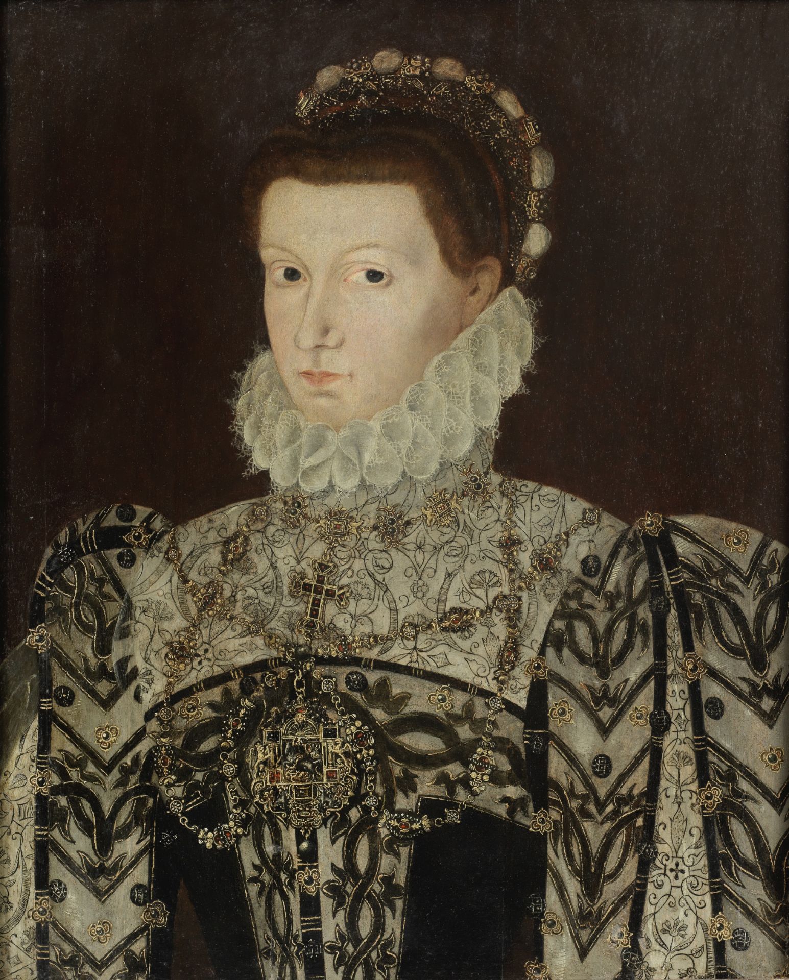 English School, circa 1560 Portrait of a lady, half-length, in an embroidered dress