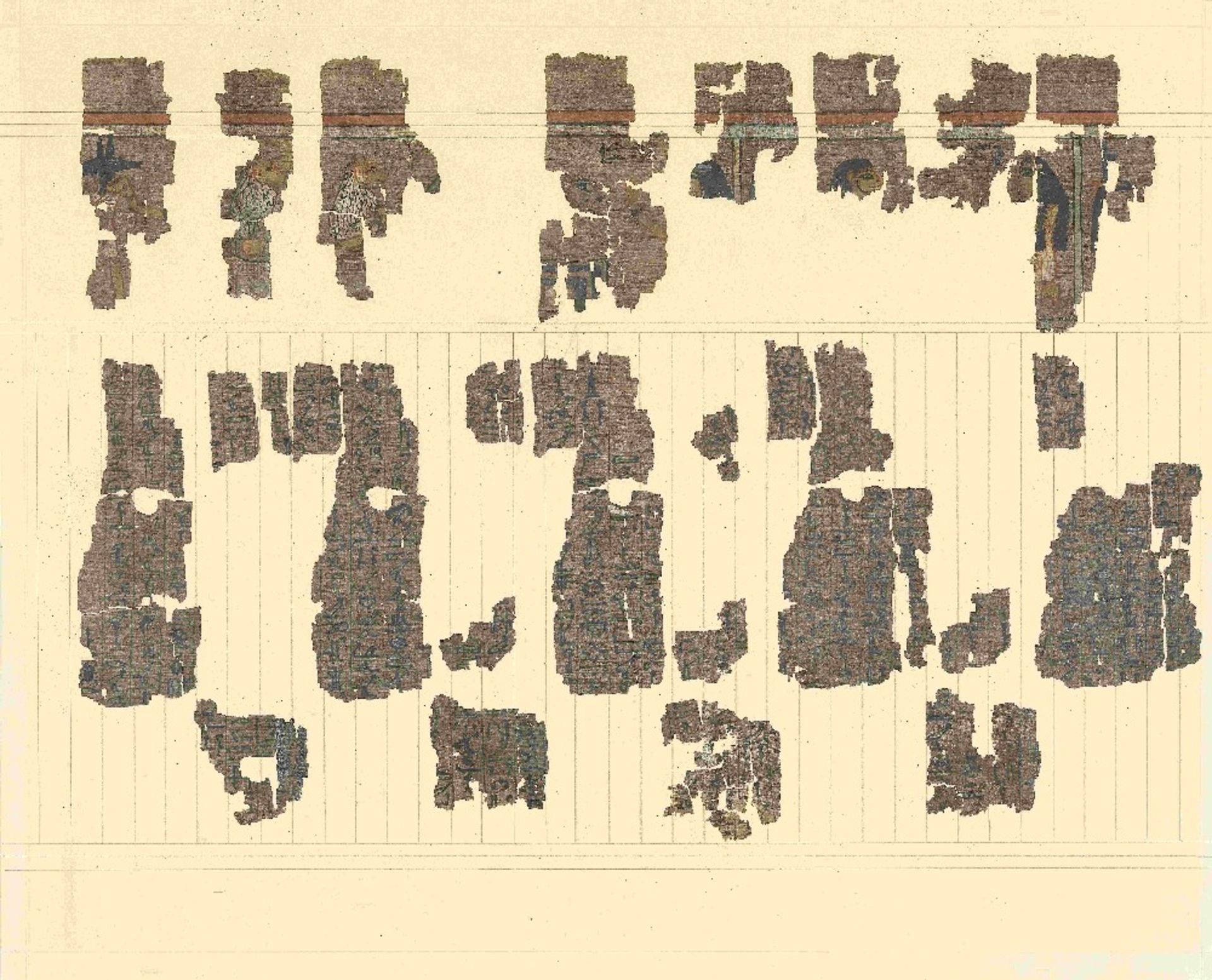 Fifteen frames containing fragments of ink inscribed papyri with remains of polychrome vignettes ... - Image 20 of 40