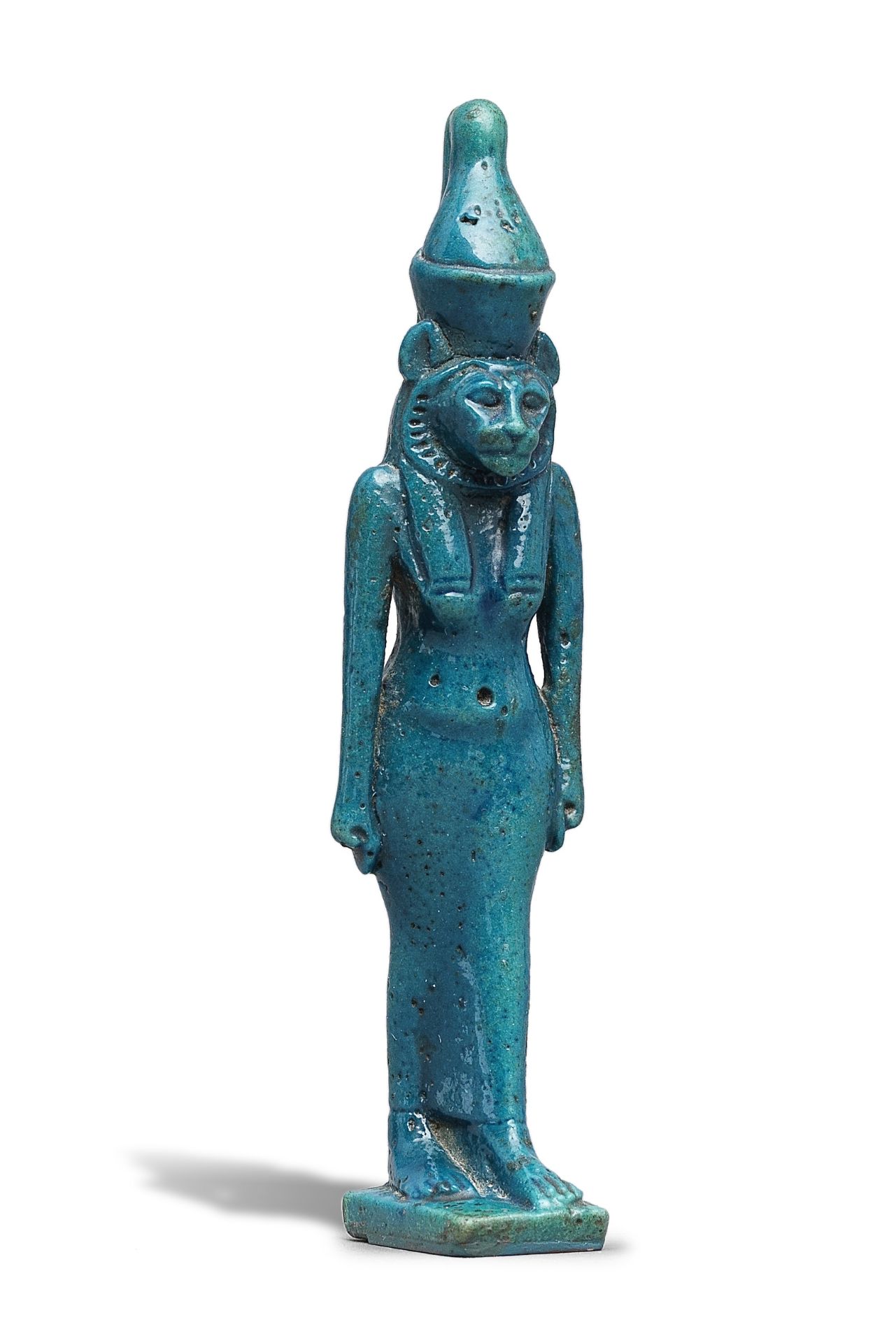 A large Egyptian deep blue glazed faience amulet of Mut
