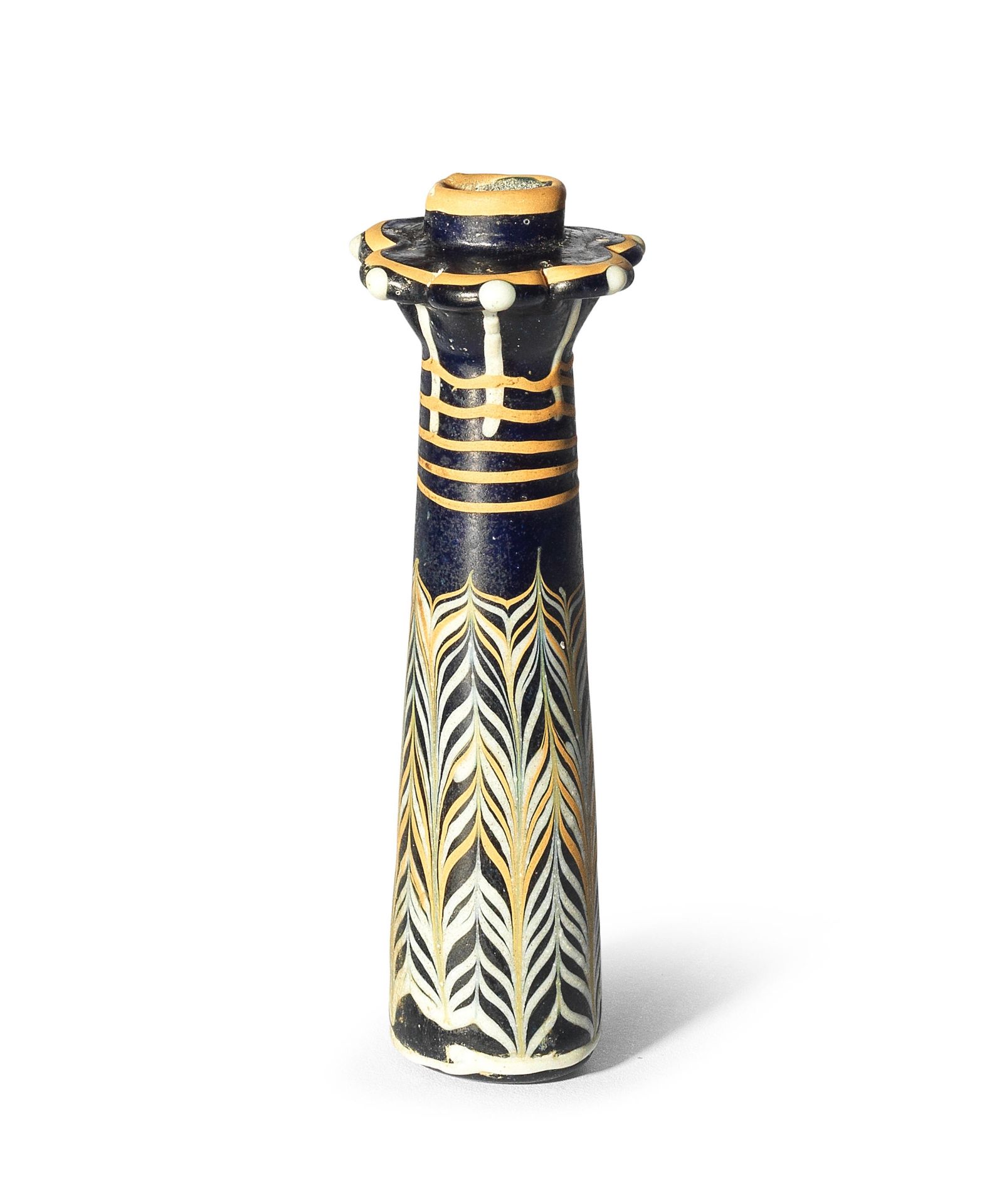 A rare Egyptian rod-formed glass palm column kohl vessel