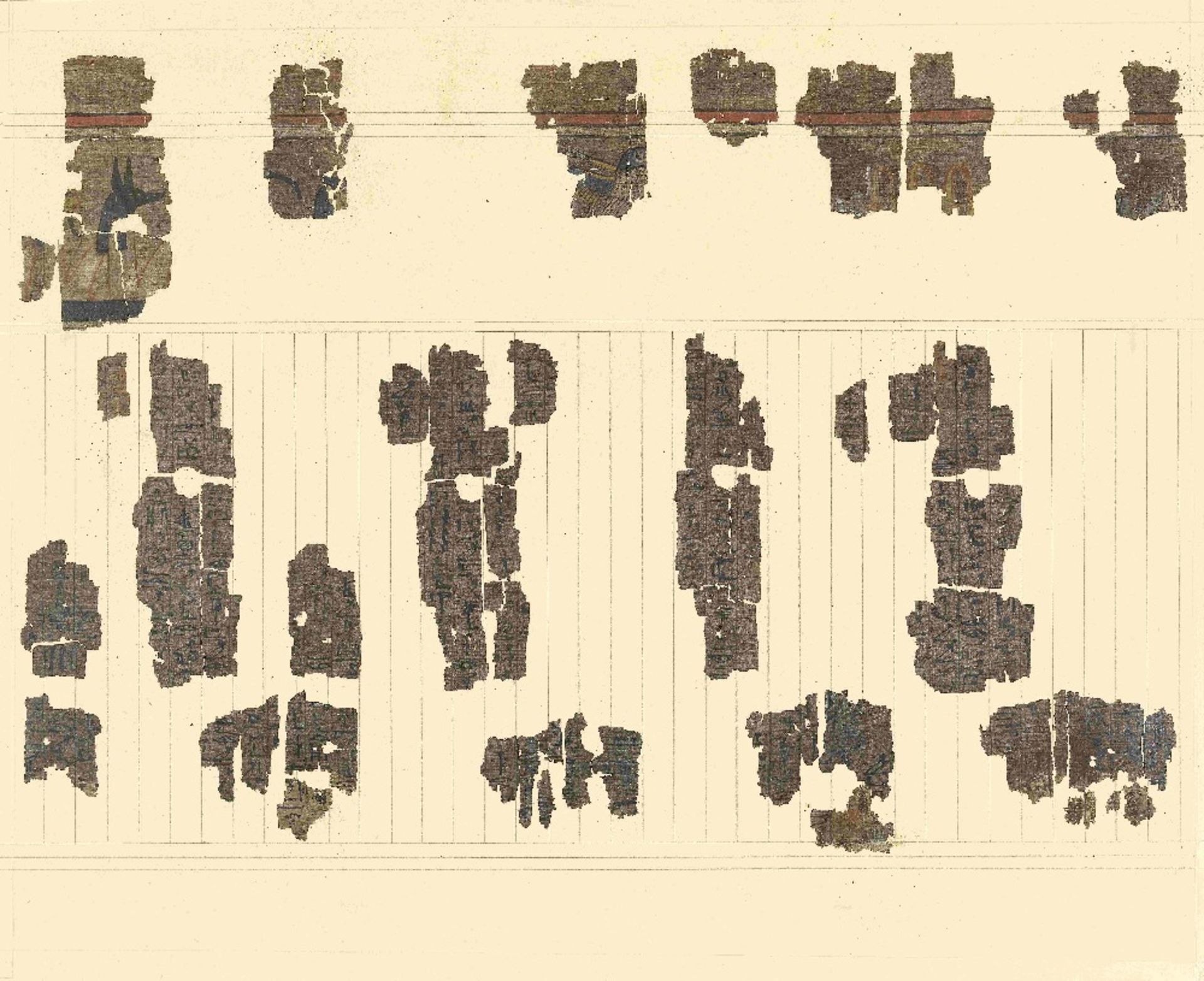Fifteen frames containing fragments of ink inscribed papyri with remains of polychrome vignettes ... - Image 3 of 40
