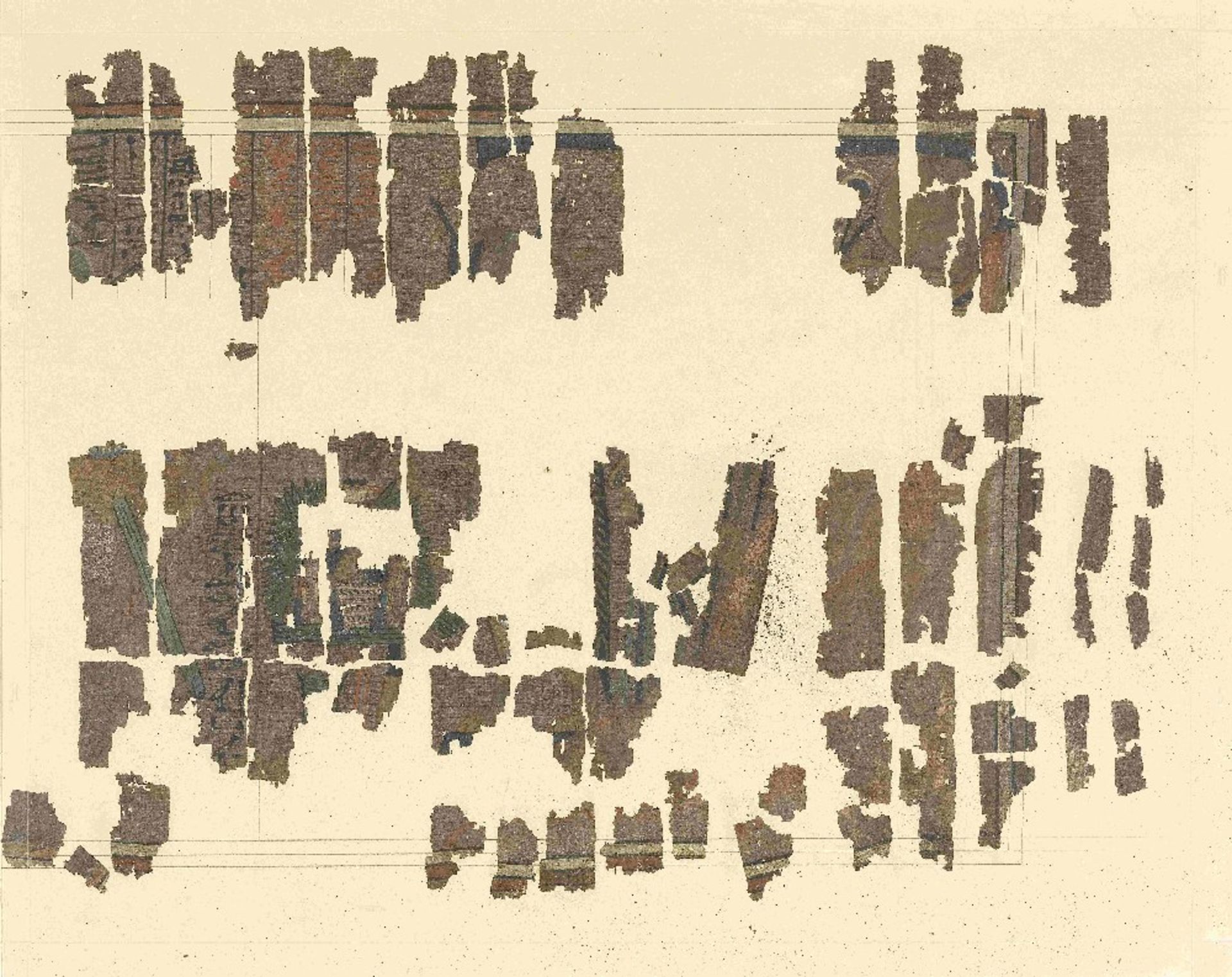 Fifteen frames containing fragments of ink inscribed papyri with remains of polychrome vignettes ... - Image 13 of 40