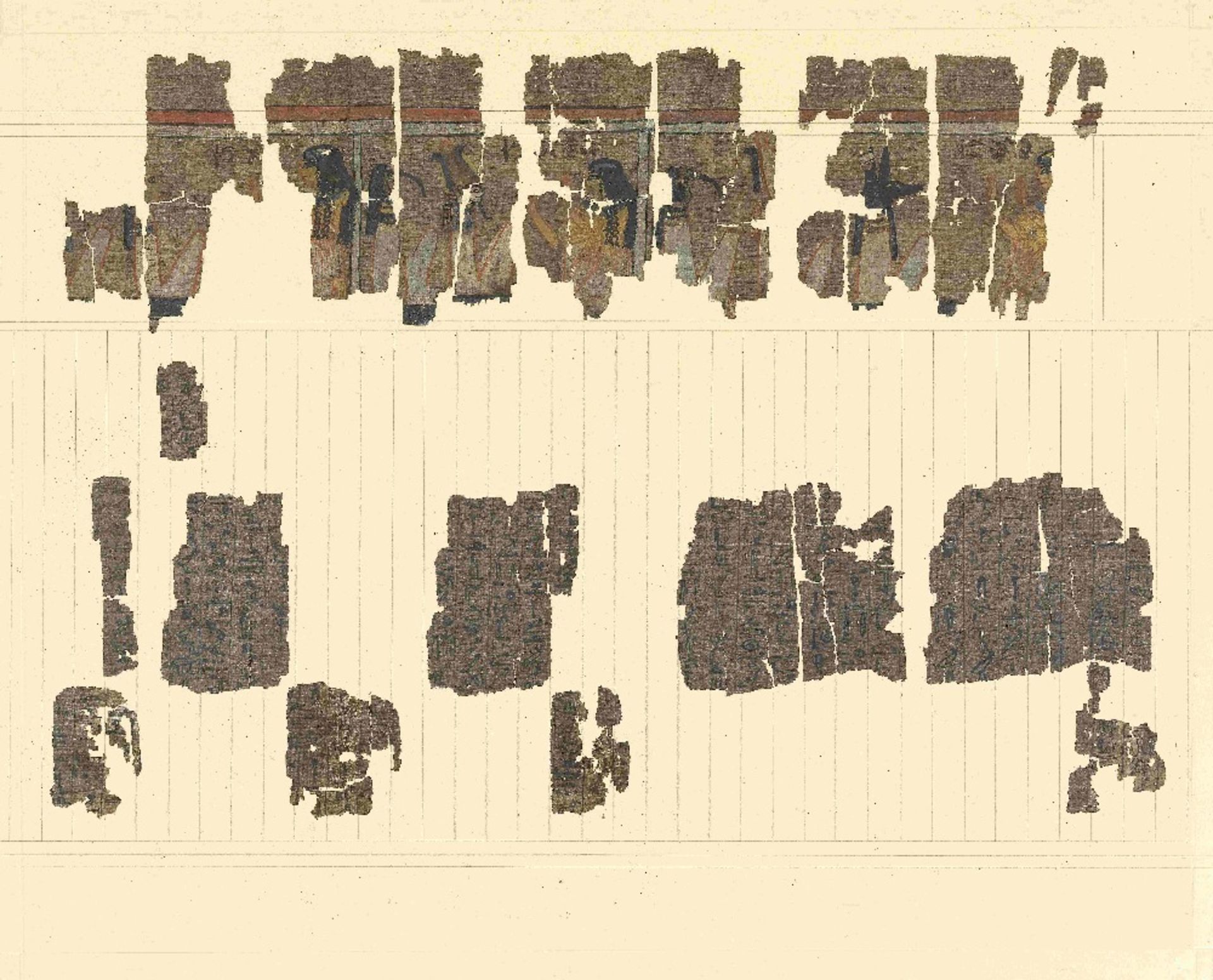 Fifteen frames containing fragments of ink inscribed papyri with remains of polychrome vignettes ... - Image 5 of 40