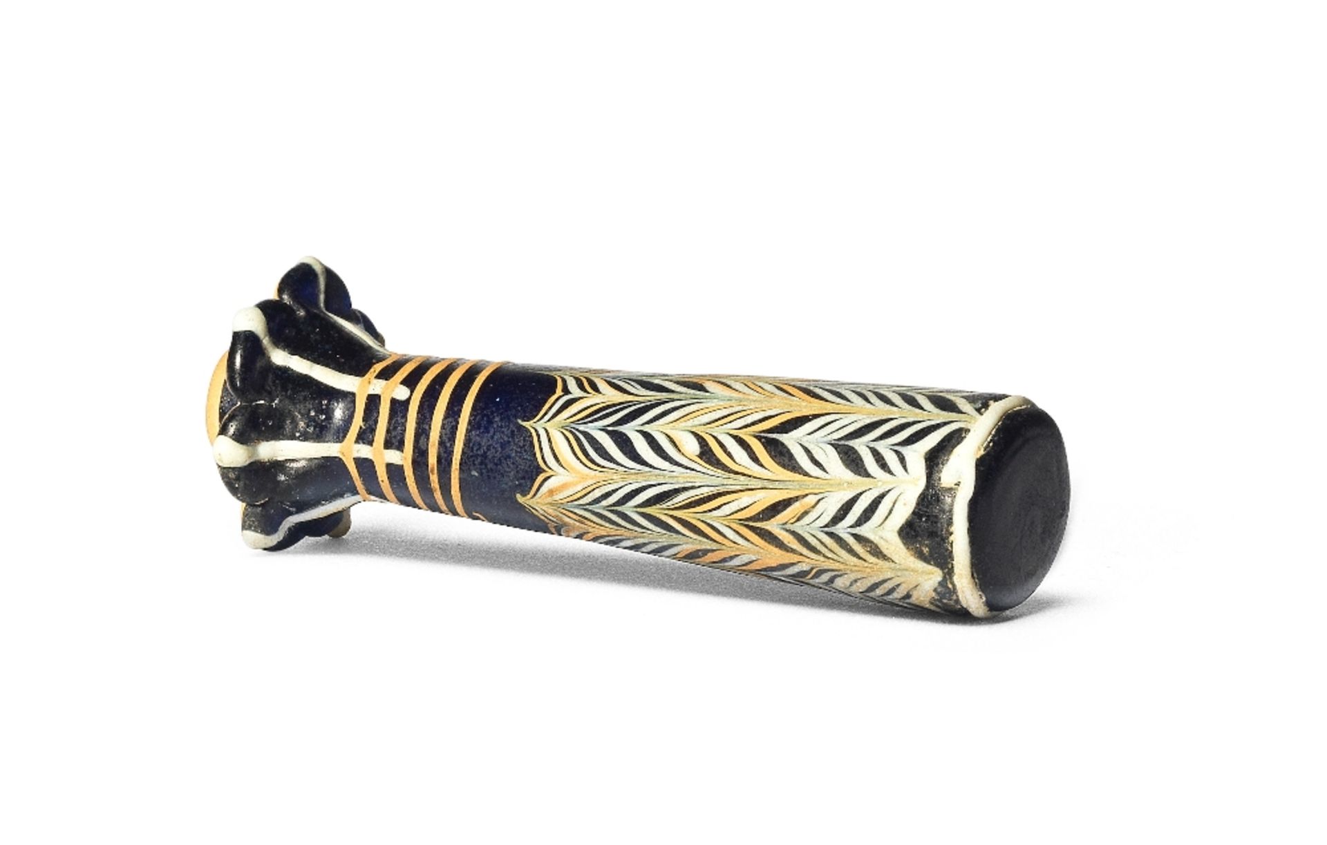 A rare Egyptian rod-formed glass palm column kohl vessel - Image 2 of 3