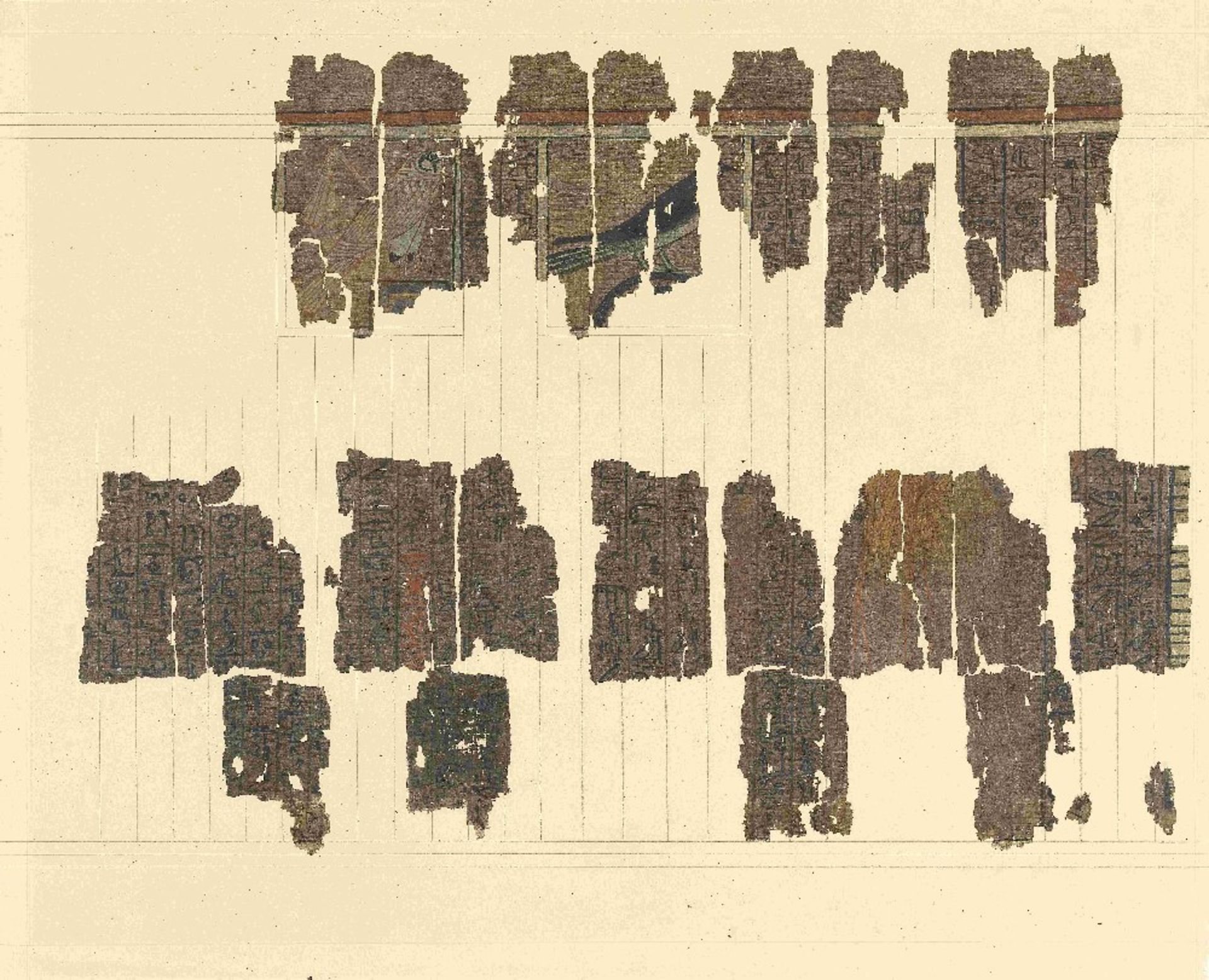 Fifteen frames containing fragments of ink inscribed papyri with remains of polychrome vignettes ... - Image 7 of 40