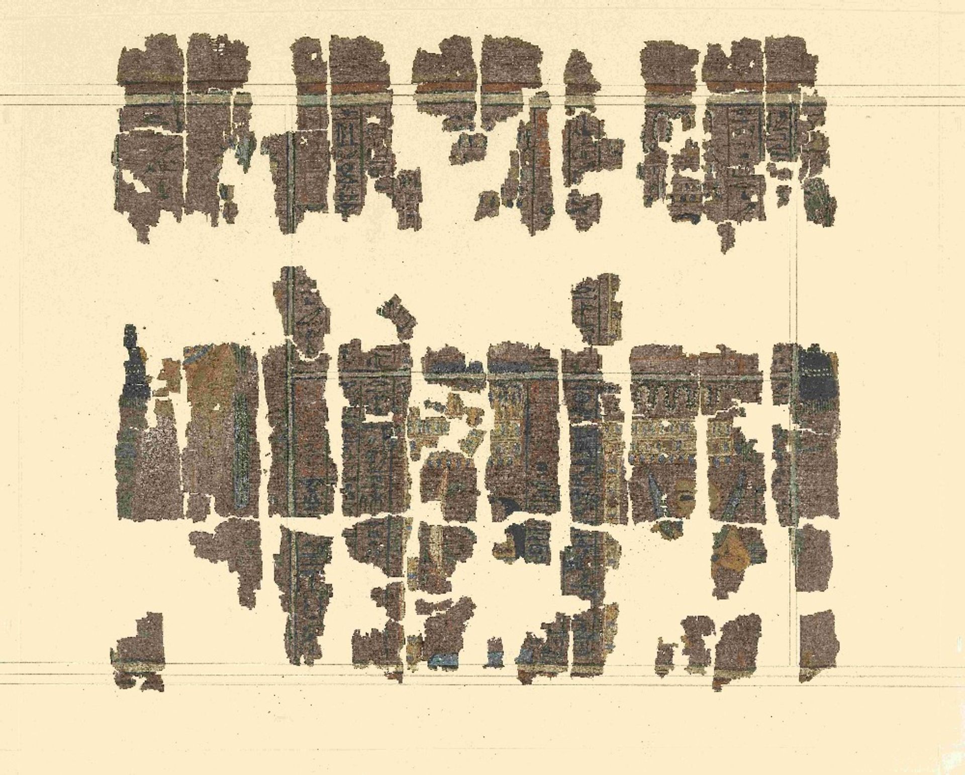 Fifteen frames containing fragments of ink inscribed papyri with remains of polychrome vignettes ... - Image 12 of 40